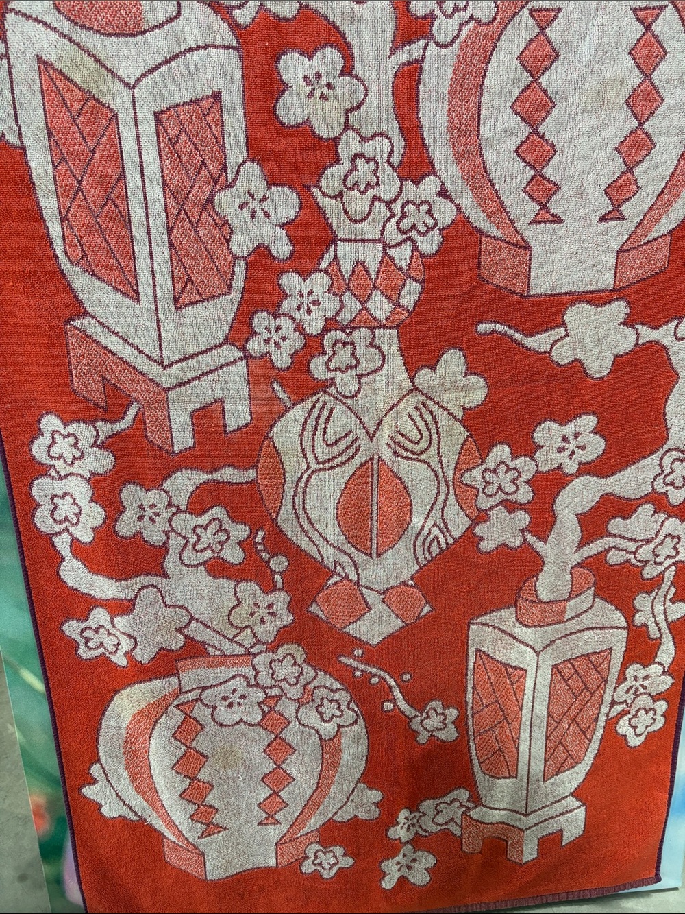 Vintage Red and Cream Floral Lantern Pattern towel